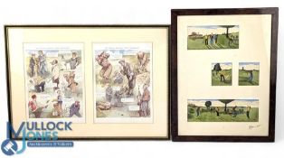 2x Golf Pictures: an original watercolour collage, mounted and framed - having a French retailer's