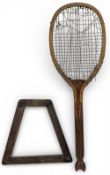 Unusual Weesk Frank Sugg Fishtail wooden Tennis Racket and Racket Press: marked Frank Sugg 8 Queen
