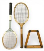 2x Period Wooden Tennis Rackets, a Riverside hardcourt racket, with a good leather butt cap