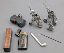 Golf Collectables: two silver hallmarked golf trolleys with clubs, a smaller plated golf trolley a