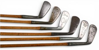 6x Assorted Golf Irons incl J Busson 3 iron with Gibson star mark, Kenbar mid-iron, Spalding Anvil