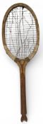 c1930 Scarboro Fishtail Tennis Racket, retailer name of Clapshaw & Cleavel Ltd Birmingham, elongated