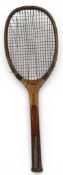 c1920 G G Bussey & Co wooden Tennis Racket, with bevelled inside head, inlay cork handle, 15.5oz-
