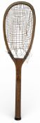 c1890 Thos J Tate wooden Tennis Racket, elongated head, marked Tate to top of head and Geo's J