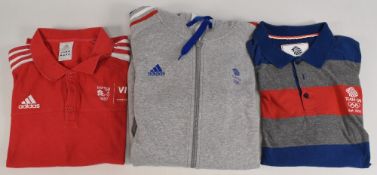 London 2012 Olympic Games clothing to include: a red polo shirt size XL, a grey hoodie size 2XL