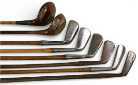 Selection of 8x JH Taylor Autograph Golf Clubs featuring 2x socket neck woods a small head brassie