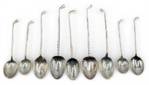 9x Various period silver Golf Club shaped Teaspoons and Coffee Spoons, two marked LPGC and BYGC