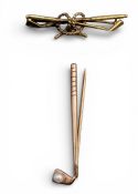 2x 9ct gold Golf Pin Brooch, a crossed club with Staffordshire knot, and a golf club with pearl