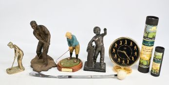 Golf Collectibles: a good lot to include a period spelter caddy lighter brass golfer figure, resin