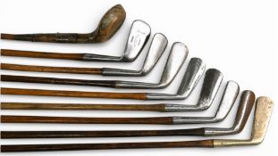 9x Assorted Golf clubs to incl a small headed scared neck driver stamped A Hobley, Thistle brand