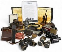 Collectables mid-20th century to include binoculars, map case, brass Spitfire, wooden wartime desk