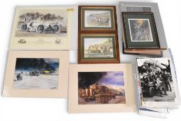 A collection of mainly military aircraft and vehicle prints, photographs and book, with the majority