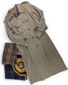 Burberrys Trench Coat Mac, large #40” chest, in used condition with belt, and a Burberrys cashmere