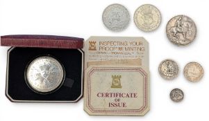 World Silver Coins and 1914 British War Medal part: a 1977 Isle of Man silver crown by Pobjoy plus