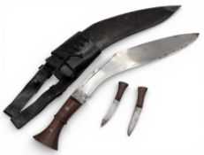 Original 2nd Gurkha Rifles Kukri knives, 46cm shaped steel blade with wooden handle, in steel-tipped
