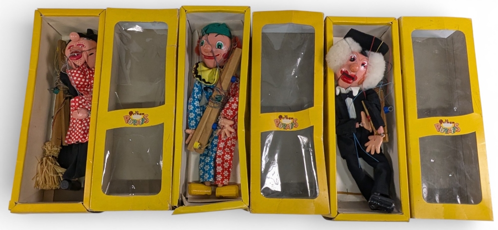 3x Vintage boxed Pelham Puppets, to include a witch, clown, and school master