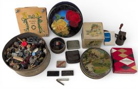 Vintage Advertising Tins, buttons, match boxes, silver pen knife, flower press, a good tennis scenes