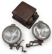 Vintage Lucas Spotlights, LR 6, FT6 both untested, with a period wooden GPO cased telephone bell