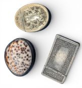 3x Antique Snuff Boxes, Pill Boxes, a Cowrie Shell with pewter /gunmetal lid, a curved engined