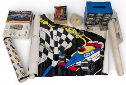 Vintage Scalextric Repair Shop Window Stickers, transfers, posters, two slot cars Cooper C66,