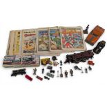 Vintage Playworn Toys, with noted items of Hornby O gauge Royal Scot locomotive (missing front and