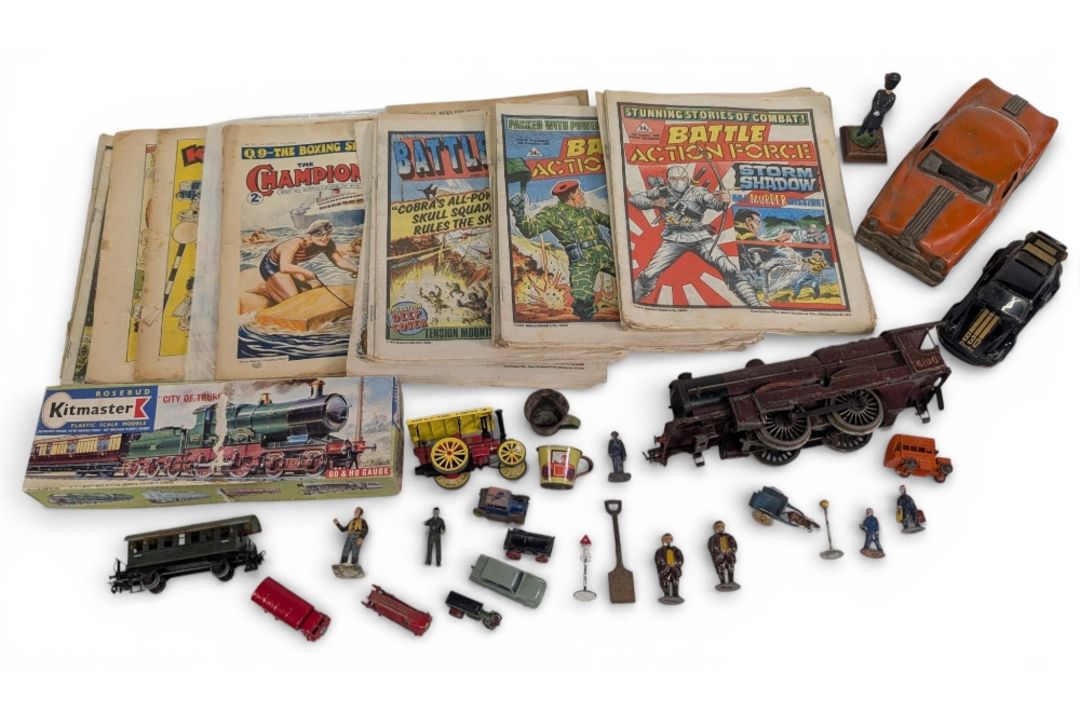 Vintage Playworn Toys, with noted items of Hornby O gauge Royal Scot locomotive (missing front and
