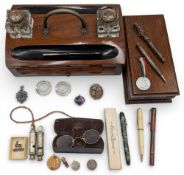 Mixed collectables: wooden pen holder with drawer, pens noted Conway Stewart pen, with 14k nib,