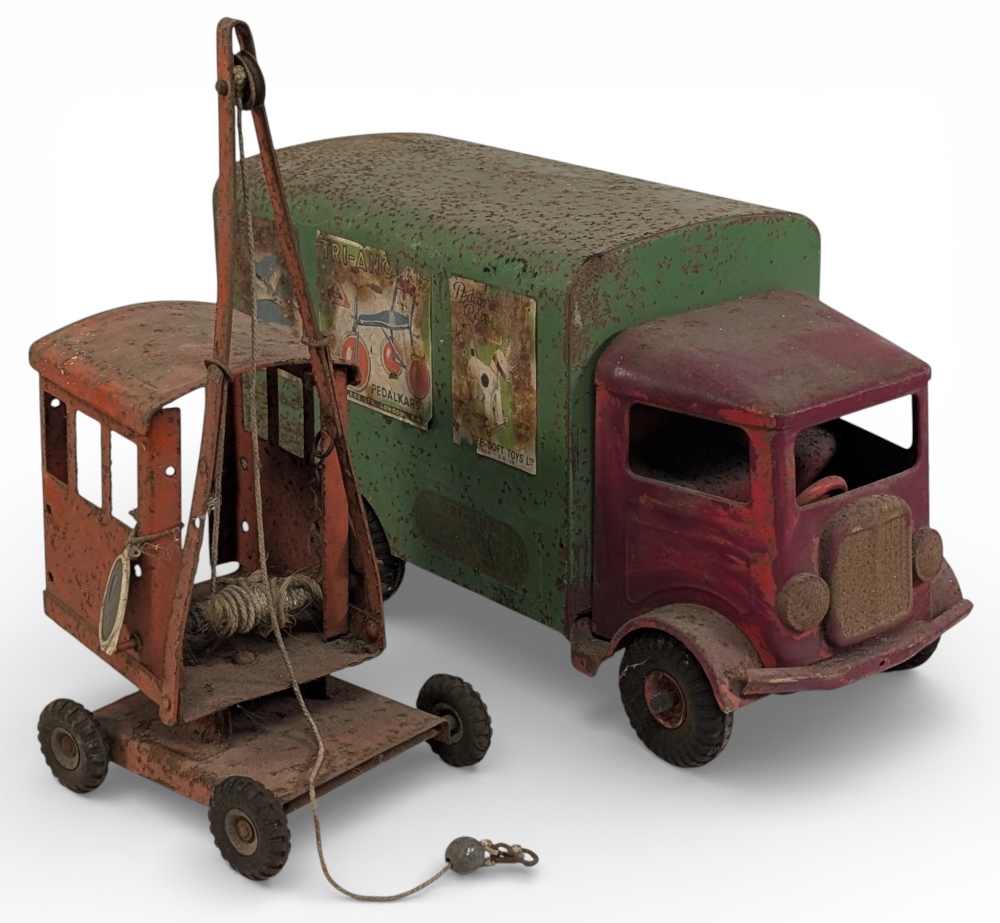 Lines Bros Triang Tinplate transport van, with applied advertising stickers and some over painting