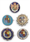 5x Enamelled Coins: with brooch fittings 1836 George IV florin, 4x Victoria 1887 florins, one