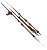 3x Assorted Nage Style Tribal Spears, with dyed ruffles, wooden shafts and hand forged spikes,