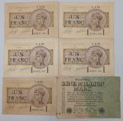 1919 French One Franc (Un Franc) Banknotes: 5 consecutive banknotes 0007585-0007589, plus a 1923