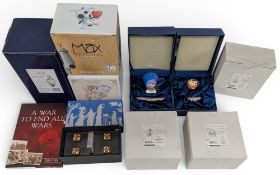 Toni Goffe Peek a Boo Cats cup and saucers x5 sets, plus Wedgwood card place holders, Franz