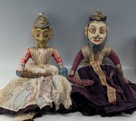 Period Indian handmade wooden carved heads Rajasthani Kathputli Puppets, both missing their strings
