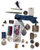 Military Trench Art: lighter, oiler, badges, reproduction medals, ribbons, fobs, a Master medal