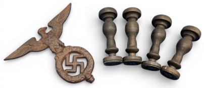 WW2 German Sign and Office Paper Stamps, a cast eagle car mascot sign and 4 wooden handles,