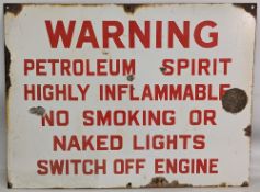 Enamel Petroleum Warning Sign - garage forecourt sign - size 46cm x 61cm