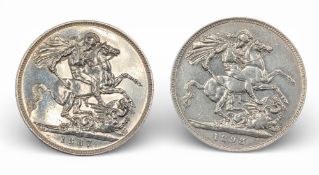 1887 & 1897 Silver Queen Victoria Crowns Coins, 1887 and a LXII 1898, both in good condition #56.5g