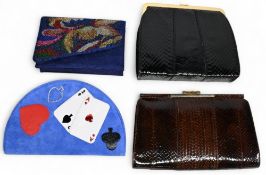 Ladies Handbags: Vintage Lucalsax brown leather bag, snakeskin leather clutch bag with fold away