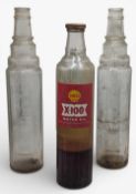 3x Vintage Shell Esso Motor Oil quart glass oil bottles: X-100 Shell bottle, Essolube bottle and