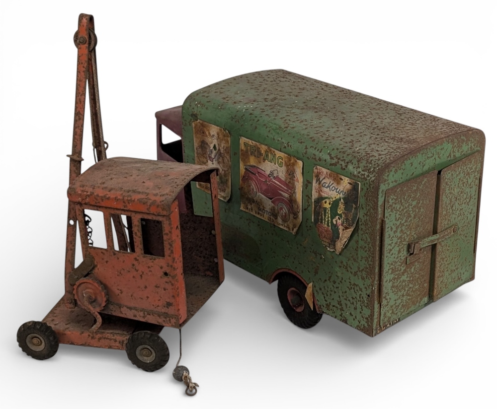 Lines Bros Triang Tinplate transport van, with applied advertising stickers and some over painting - Image 2 of 2