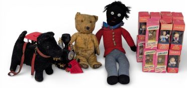 Vintage Soft Toys: 5-jointed mohair Growler (not working), a Pixie Joy straw filled black dog, a