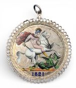 Enamelled Coin: George IV, crown, 1821, SECUNDO, laur. head l, rev. St George and the Dragon,