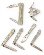 Antique Mother of Pearl and Silver Penknives: three hallmarked bladed penknives, a small butter
