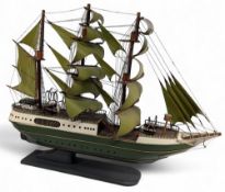 Large impressive Sailing Ship Model with green sails and wooden hull, displays well - size #84cm x