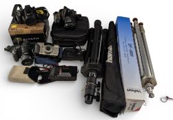 Camera and Tripods to include a Pentax PC35AF-M, Fujifilm S60ZZ, Nikon Coolpix P80 and P510, Minolta