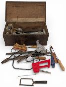 Vintage small wooden Toolbox Chest: with a selection of tools accessories with a noted small bone