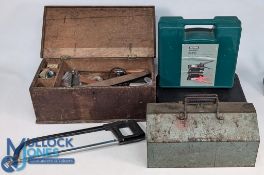 Tool Collection: a wooden chest with assorted tools, a metal toolbox, a plastic case of used tools
