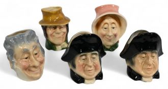 5x Charles Dickens Toby Jugs, Mrs Micawber, Mr Bumble x2, Bill Sykes, Mr Dick (has chip to rim), the