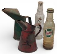 Vintage Advertising Oil Quart Jug Bottles, a red lubrication by Shell, a green Castrol oil jug,