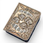 1973 Birmingham Hallmarked Silver Snuffbox with Cherubs embossed lid, gilt interior Hampton